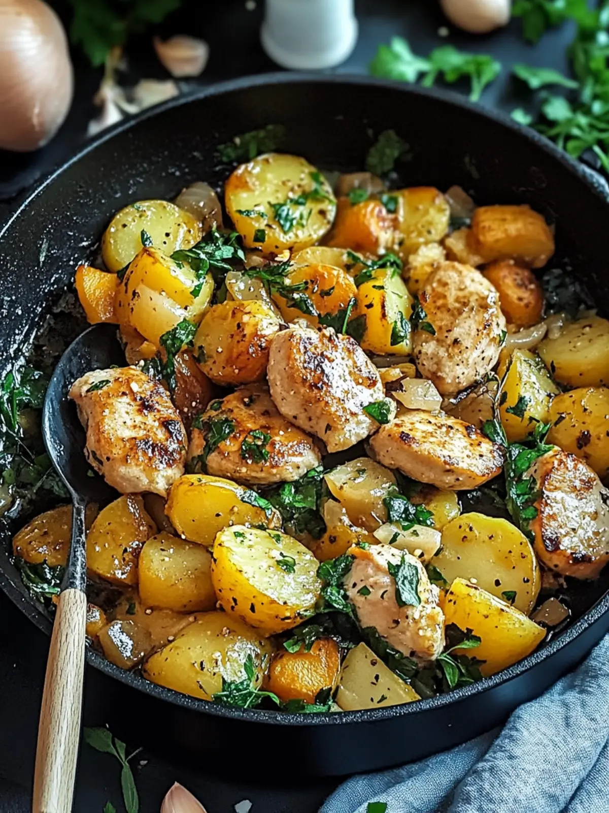 Knoblauchbutter Hühnchen Kartoffel Pfanne