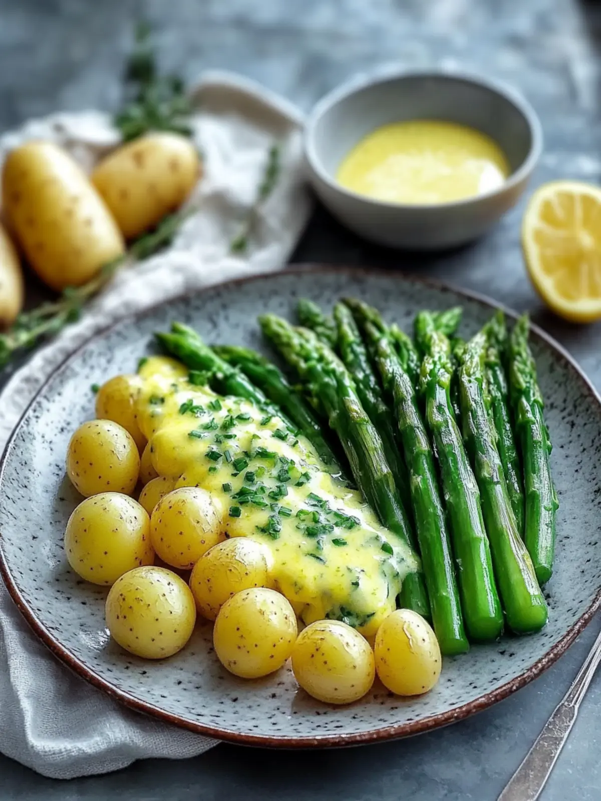 Green asparagus with lemon butter sauce and potatoes