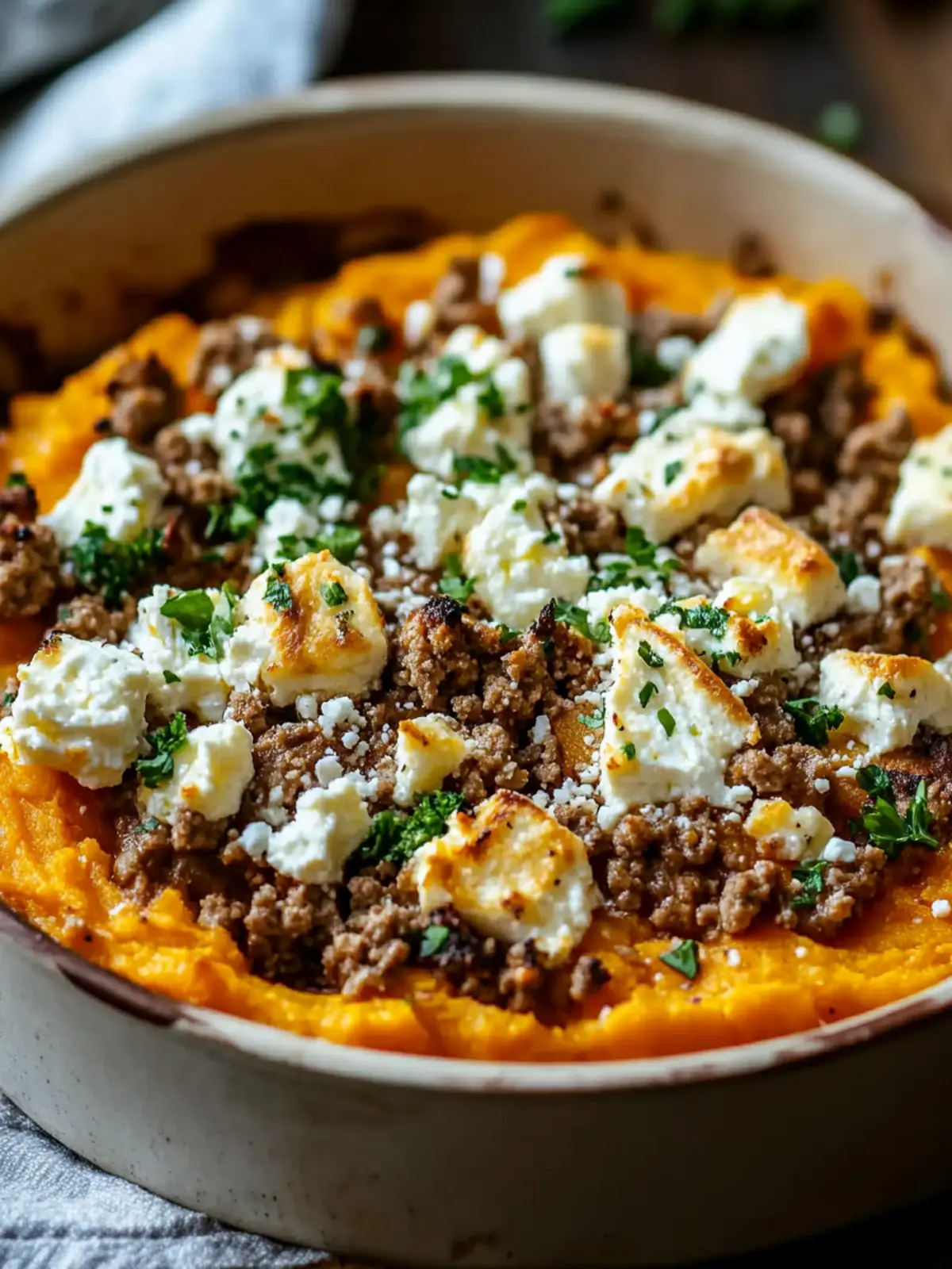 Sweet potato minced meat casserole with feta