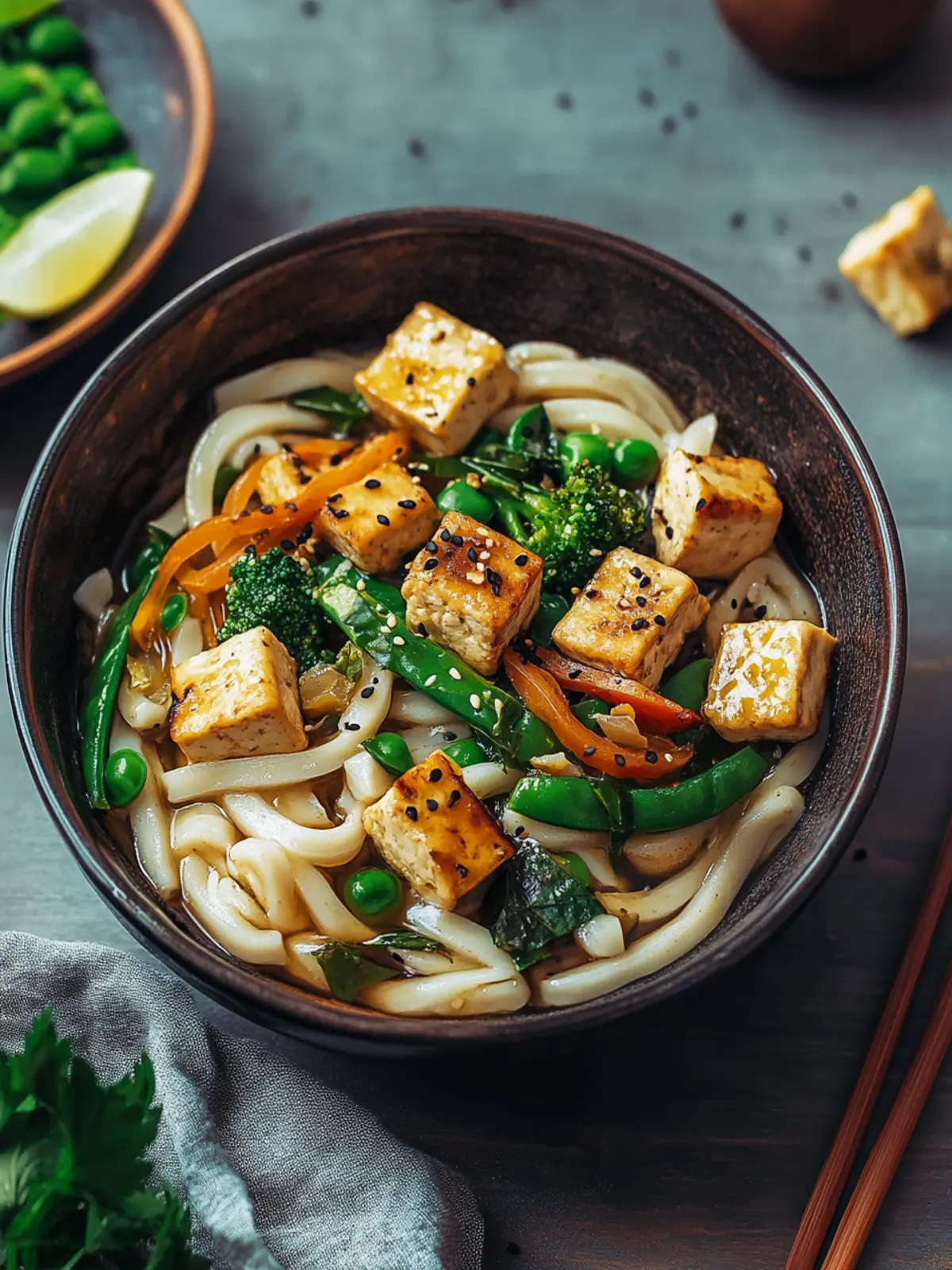 One-Pot Udon-Nudeln mit Ingwer-Gemüse & Tofu