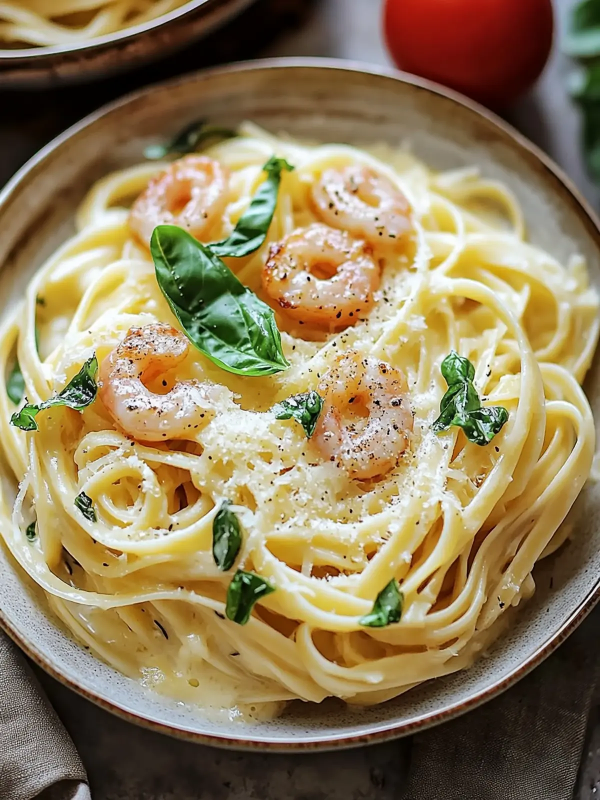 Cremige toskanische Garnelen-Pasta Eintopf-Mahlzeit