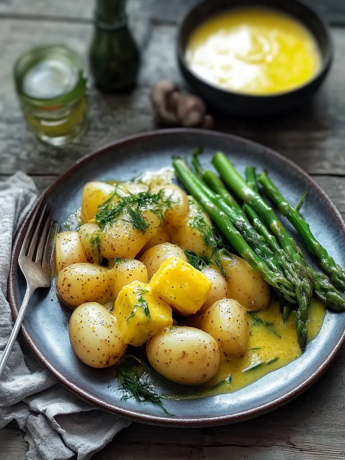 Green asparagus with lemon butter sauce and potatoes
