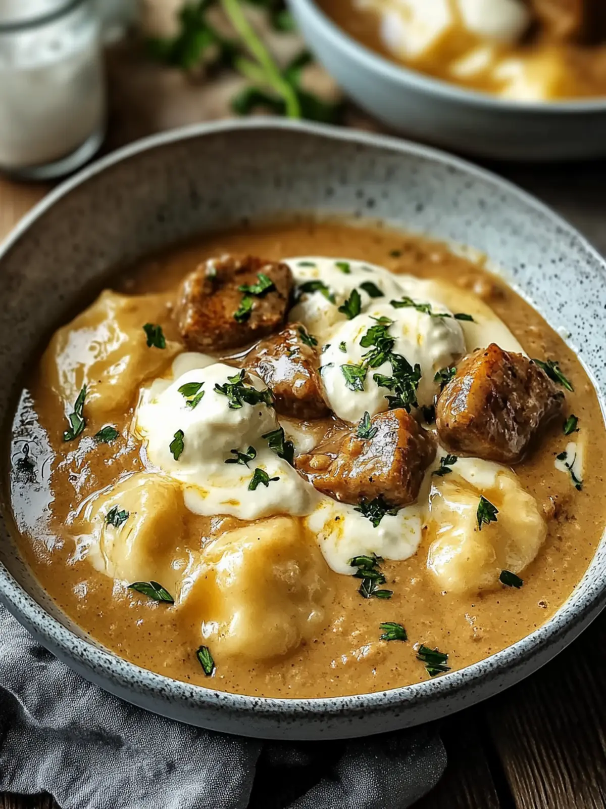 Butterzartes Rahmgulasch mit Serviettenknödel