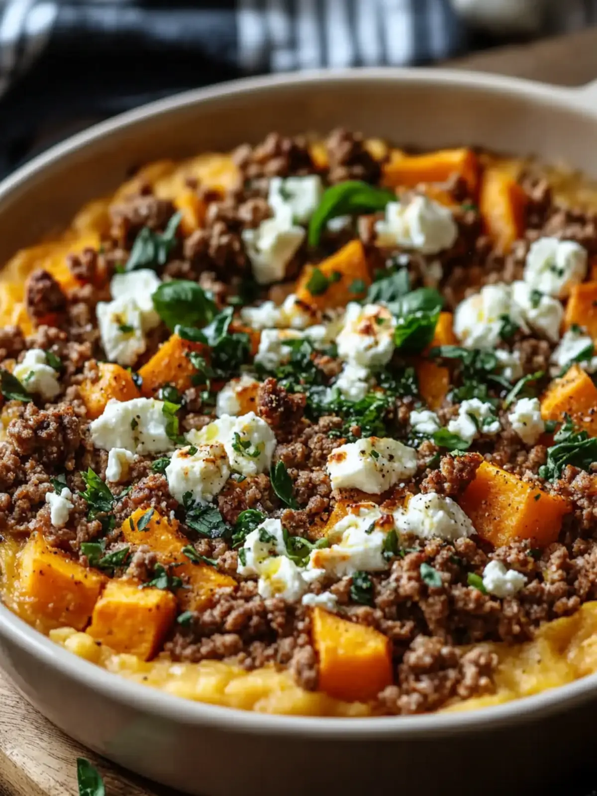 Sweet potato minced meat casserole with feta