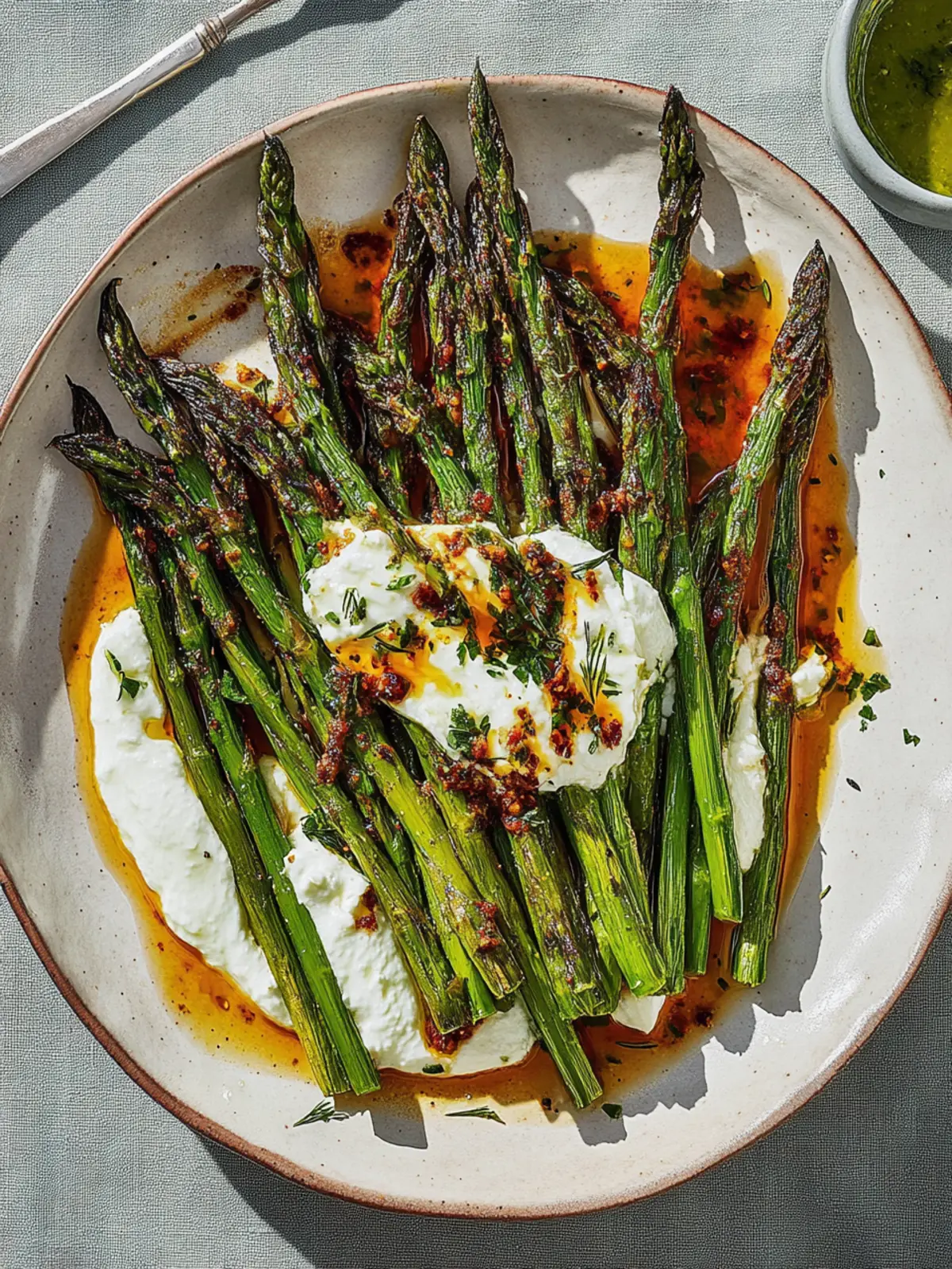 Blisterte Spargel mit Labneh und Harissa