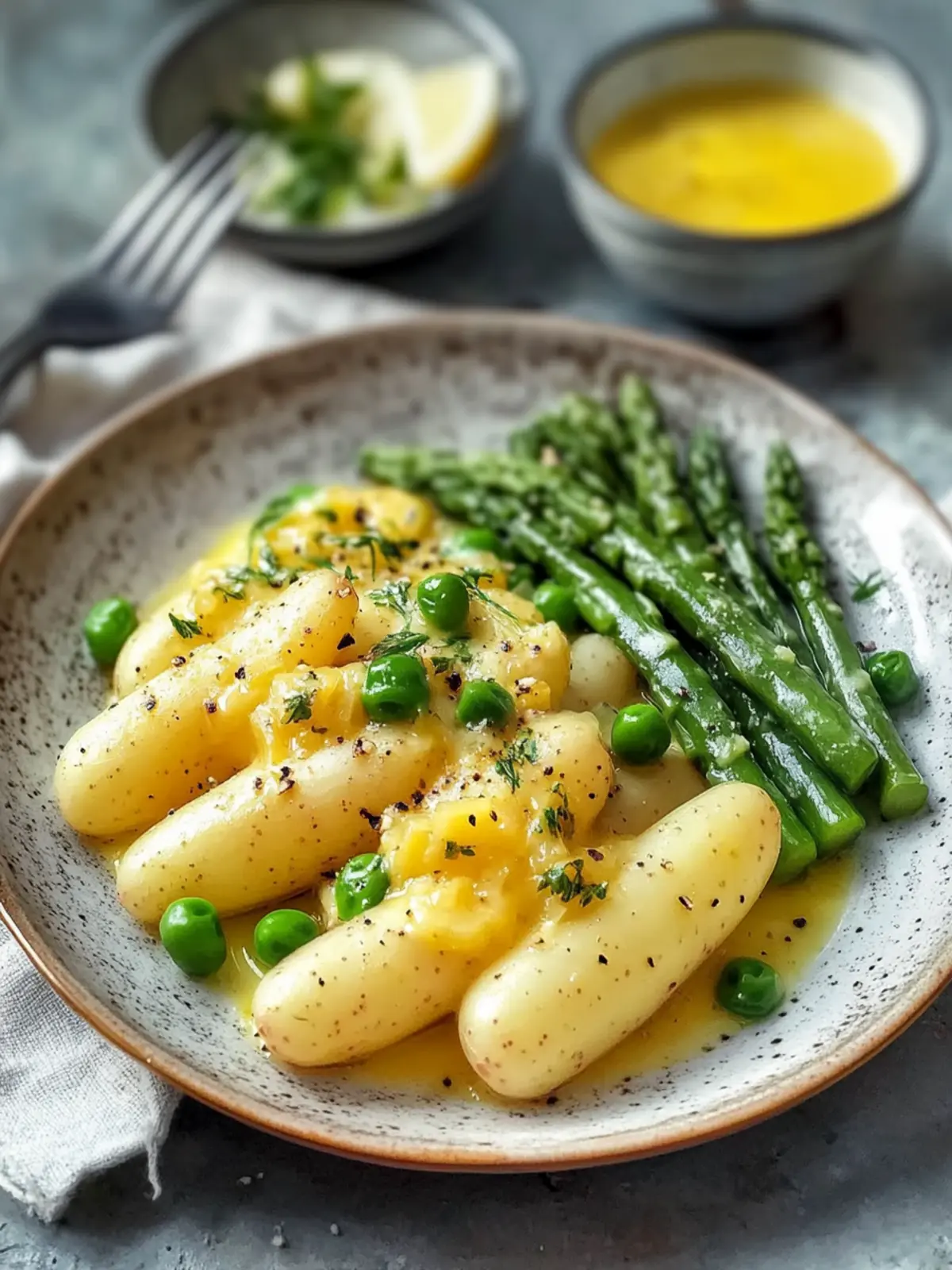 Green asparagus with lemon butter sauce and potatoes