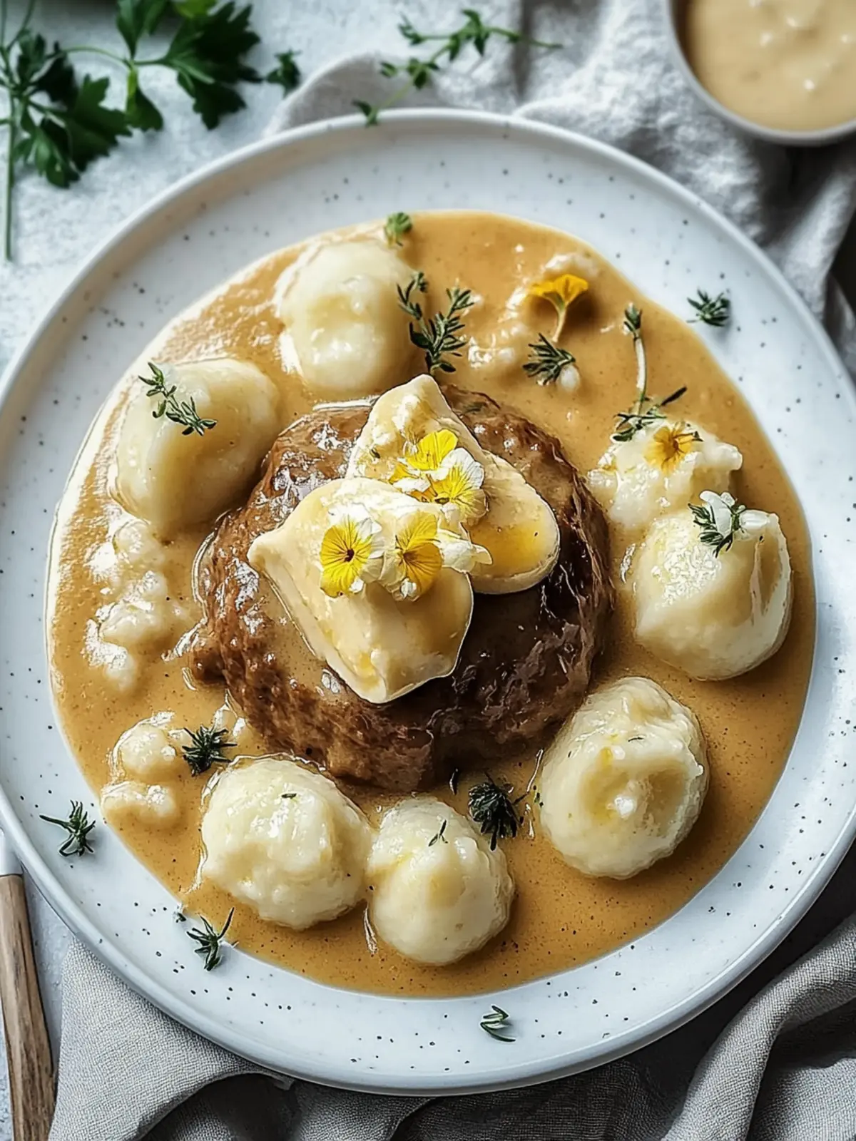 Butterzartes Rahmgulasch mit Serviettenknödel