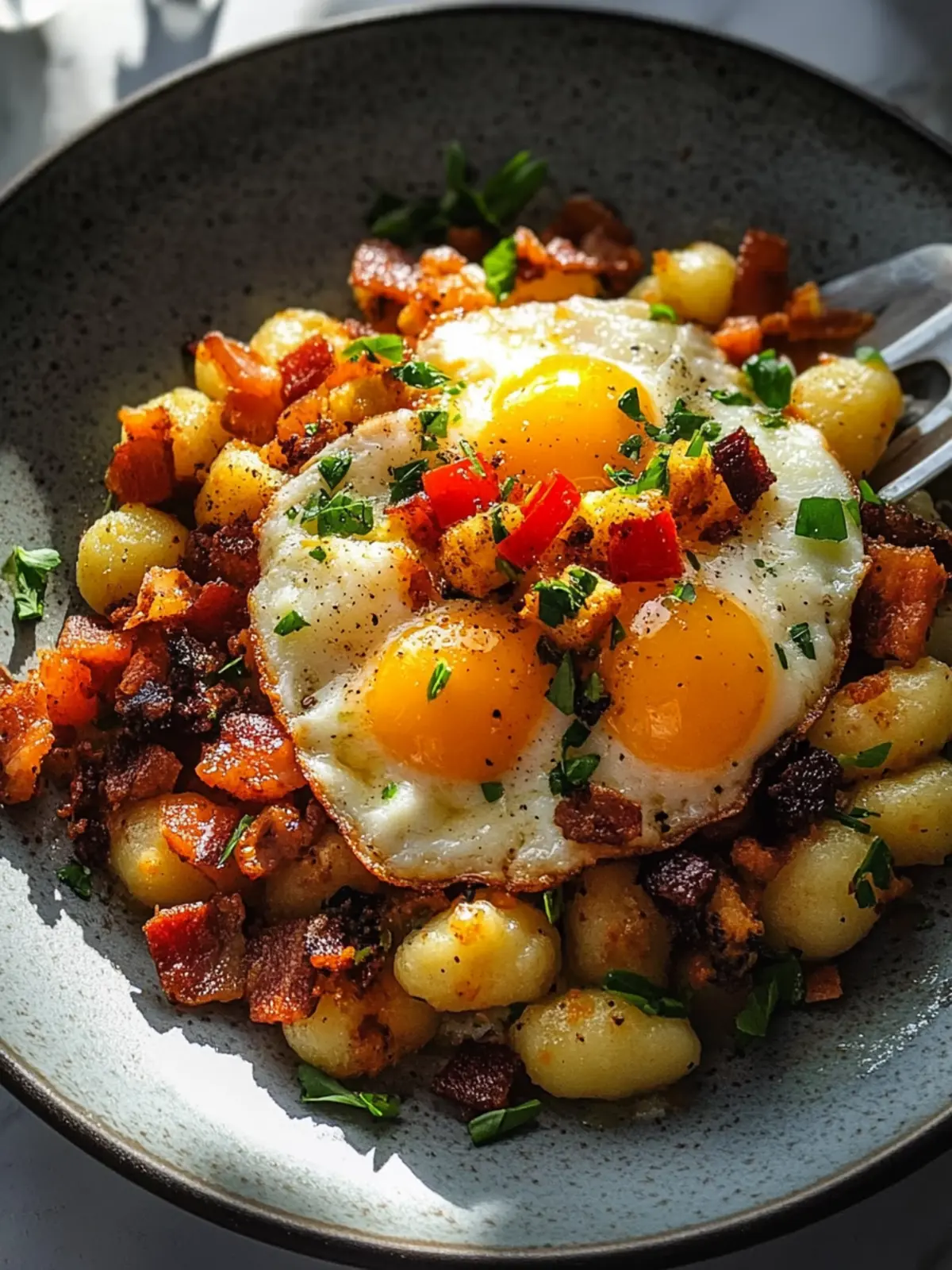 Gnocchi-Hash mit Ei und Rinderbacon