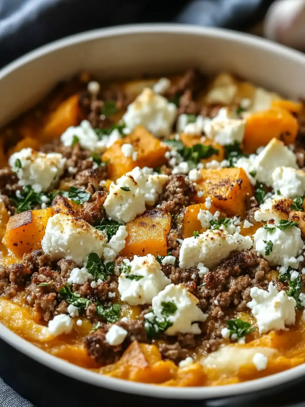 Sweet potato minced meat casserole with feta
