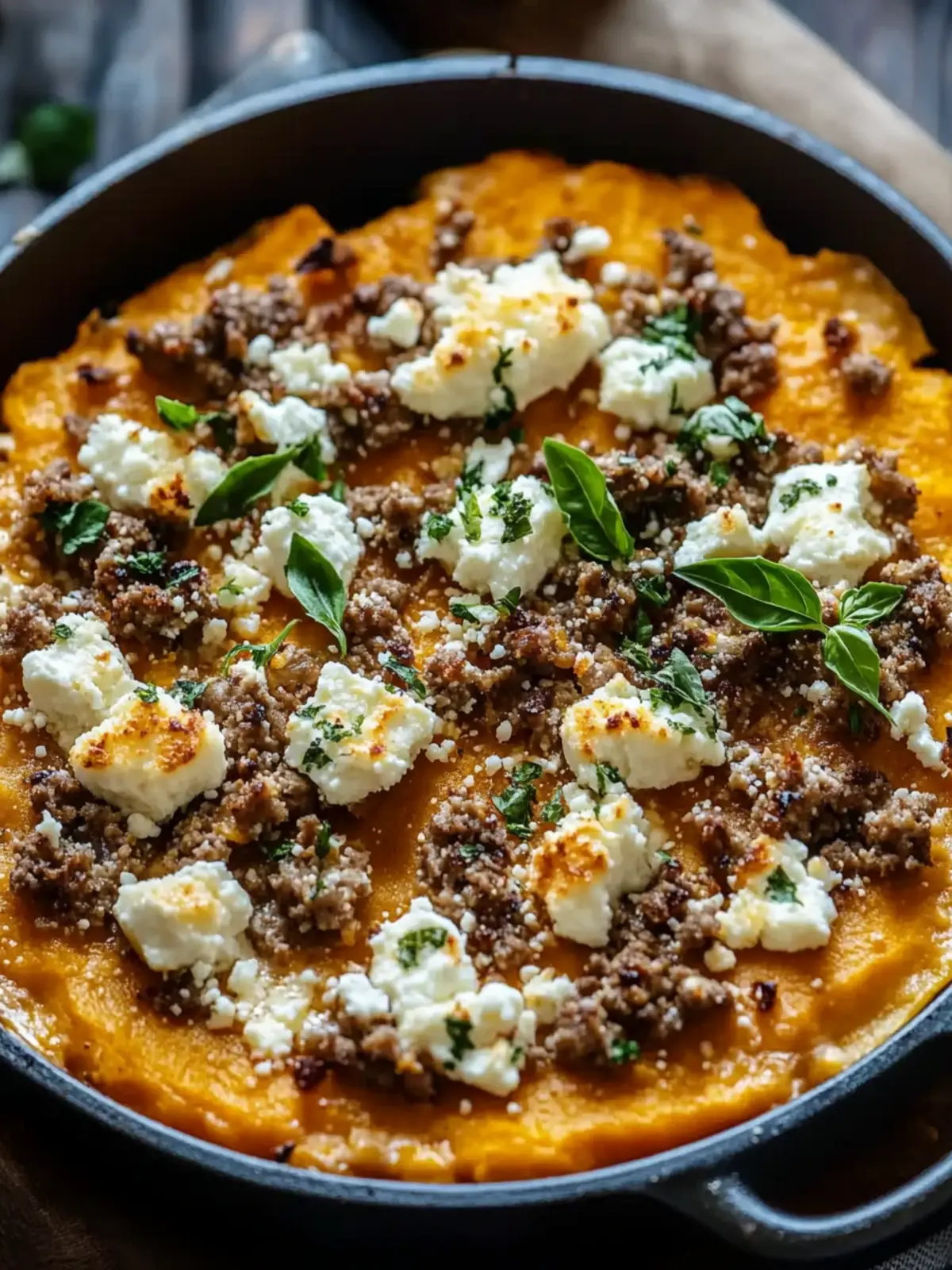 Sweet potato minced meat casserole with feta