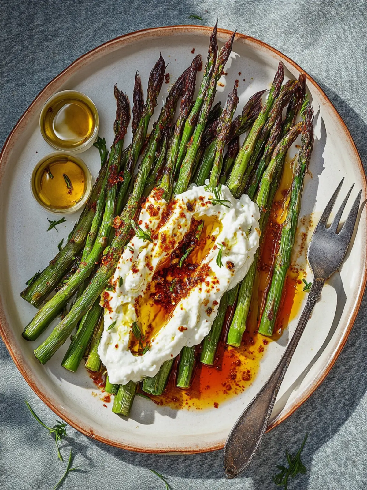 Blisterte Spargel mit Labneh und Harissa