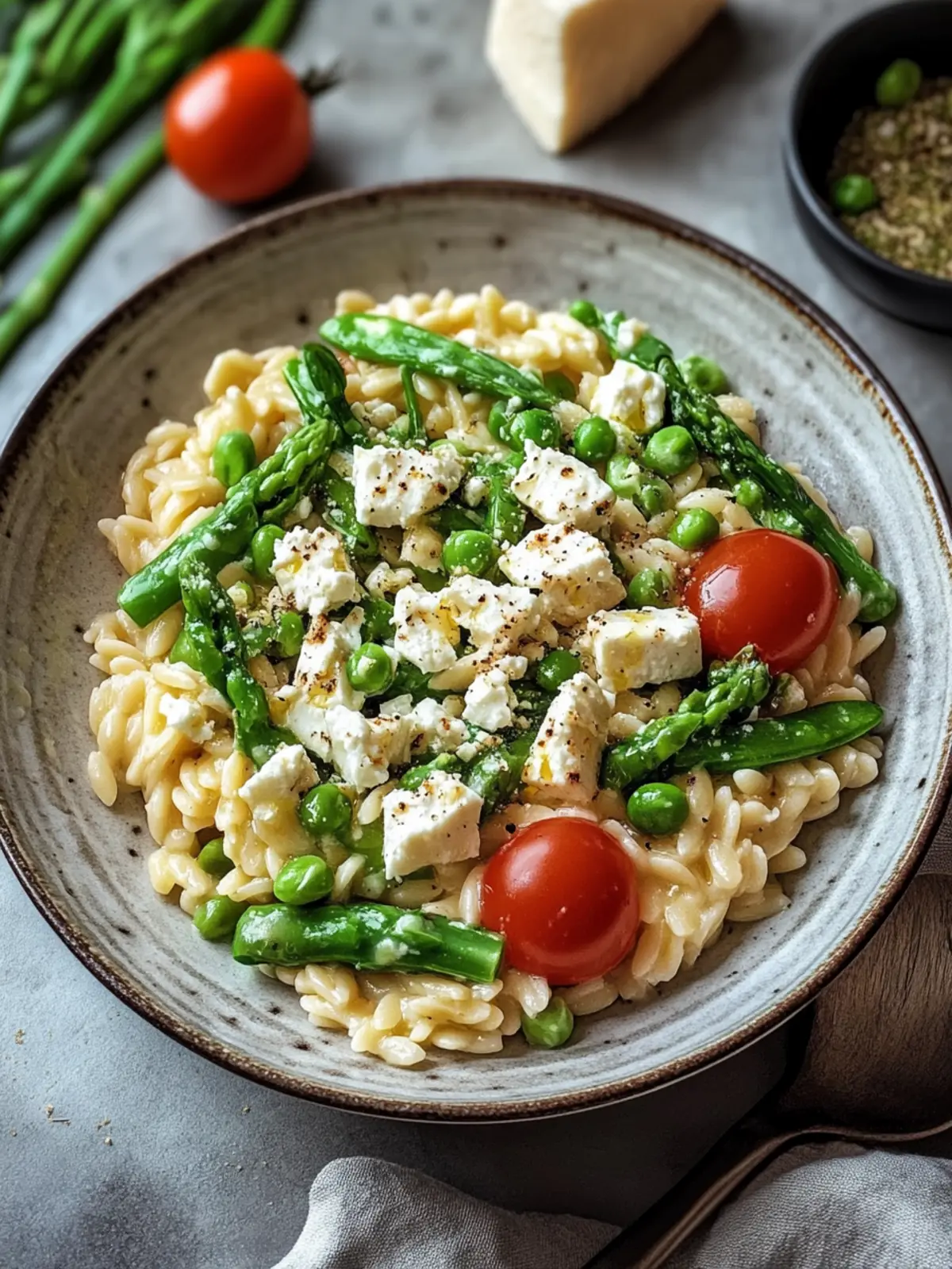 Orzo-Salat mit Spargel, Artischockenherzen und Feta