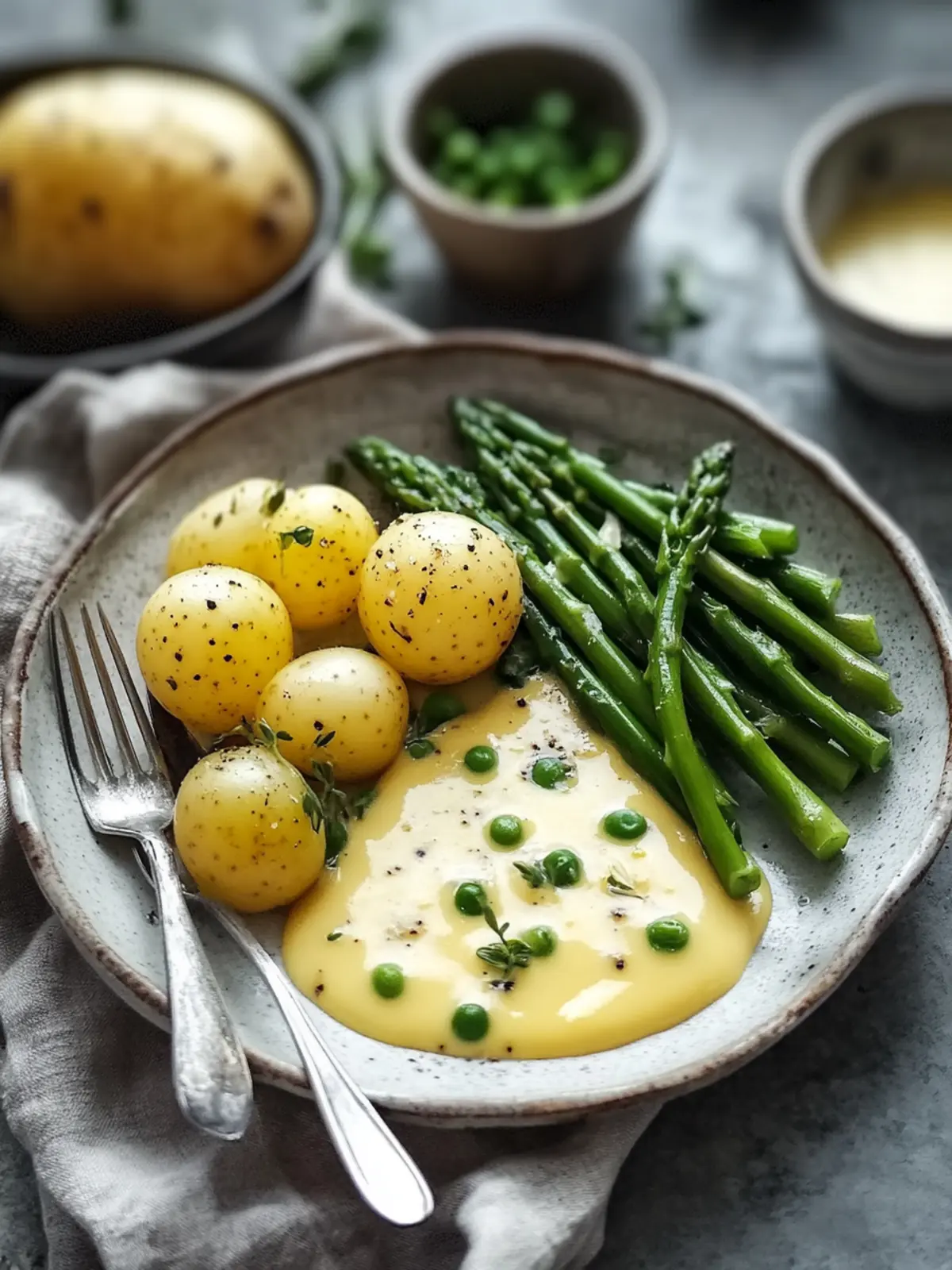 Green asparagus with lemon butter sauce and potatoes