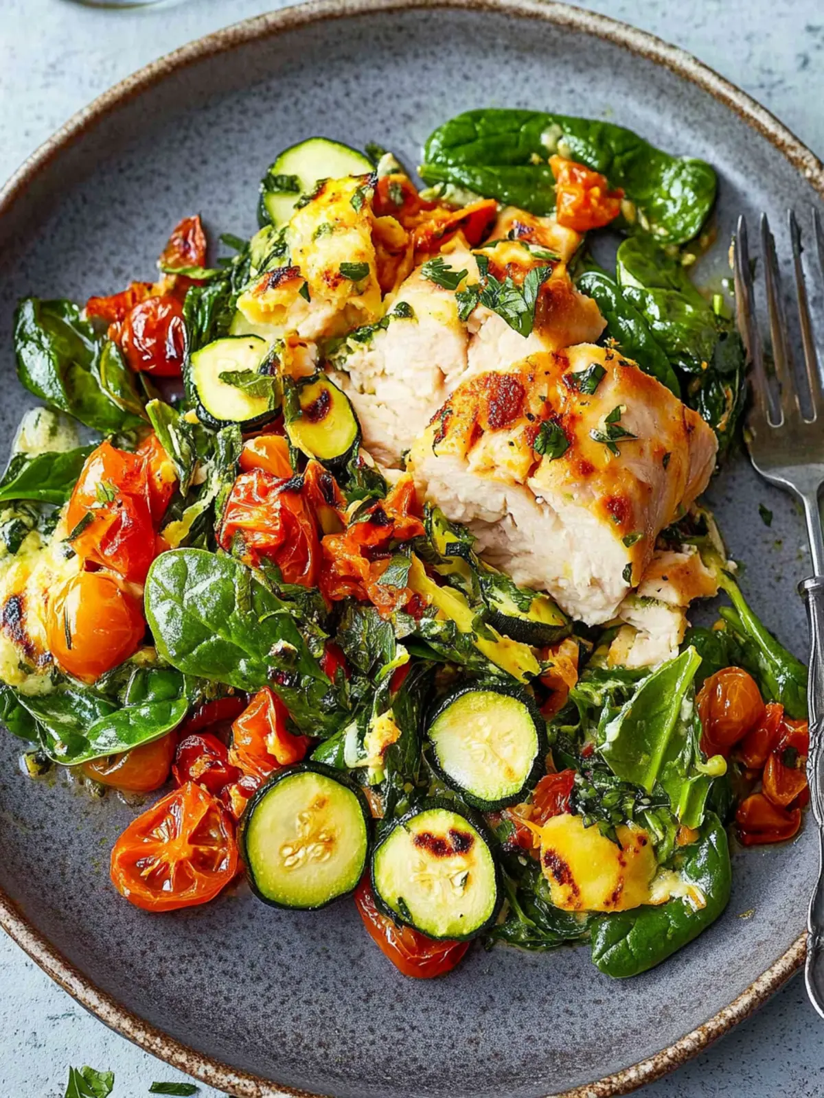 Hähnchenbrust auf Spinat mit Zucchini-Tomaten-Reis