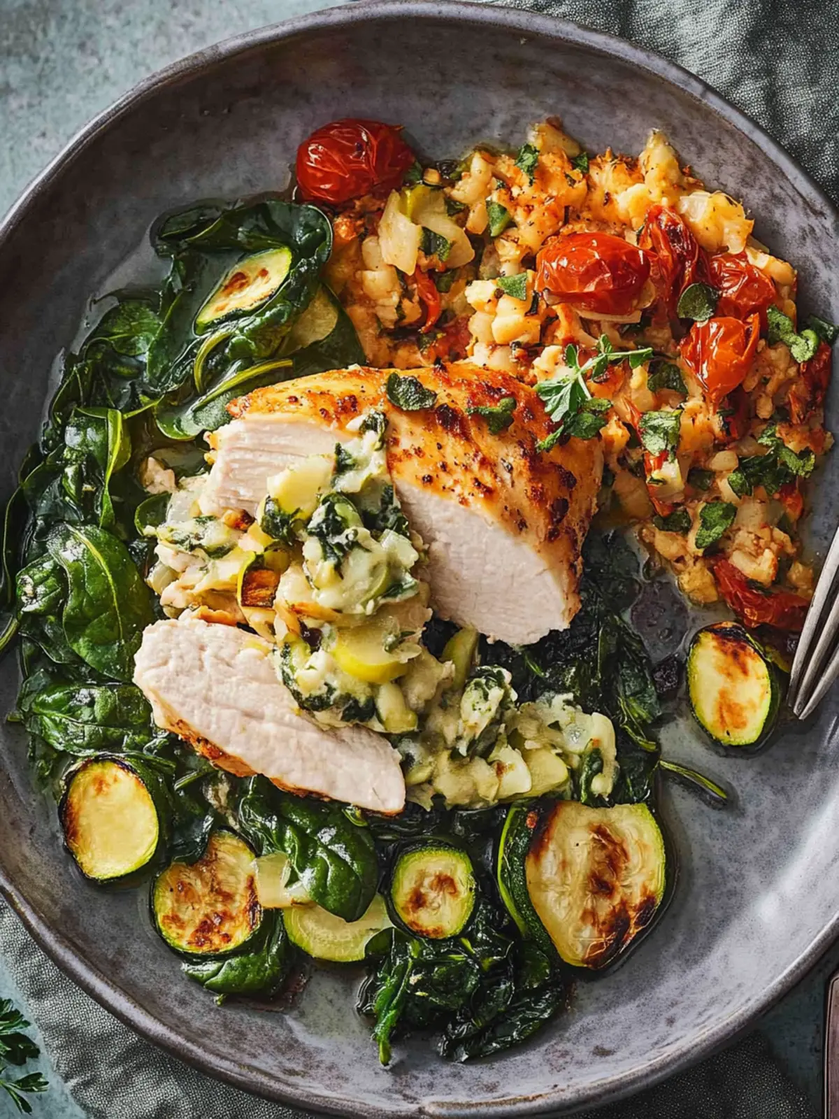 Hähnchenbrust auf Spinat mit Zucchini-Tomaten-Reis