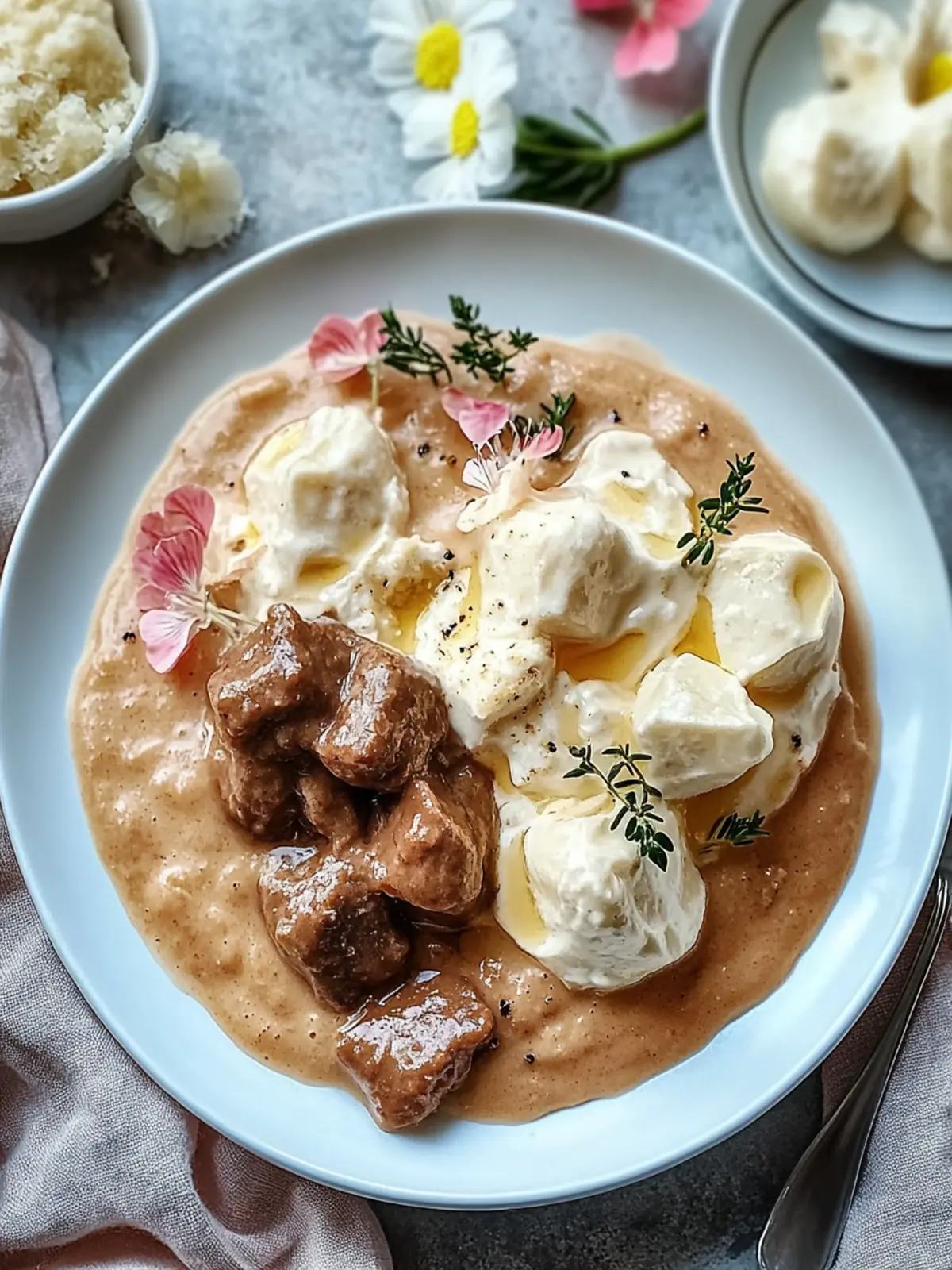 Butterzartes Rahmgulasch mit Serviettenknödel