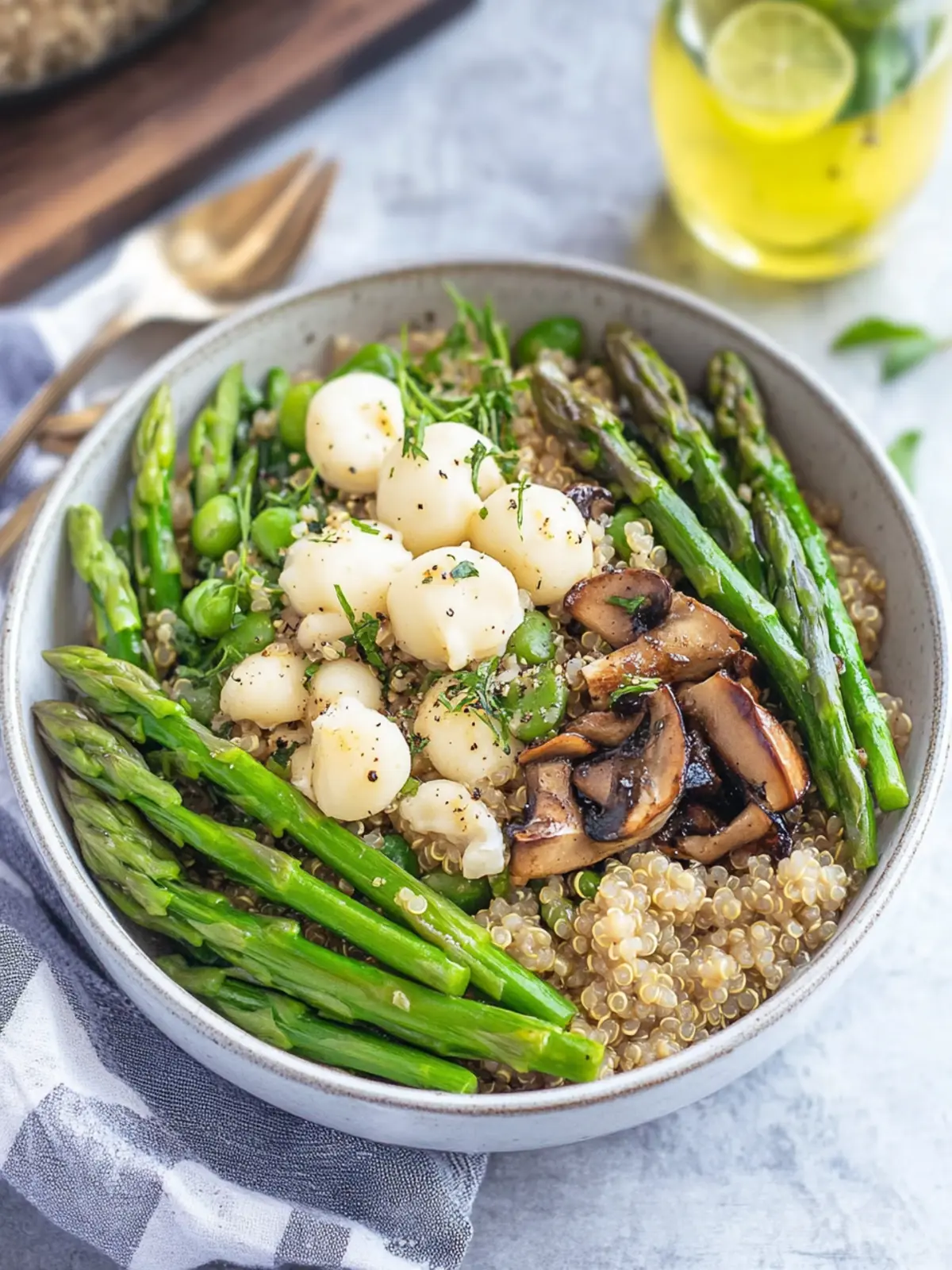 Quinoa-Schüssel mit Spargel und Pilzen