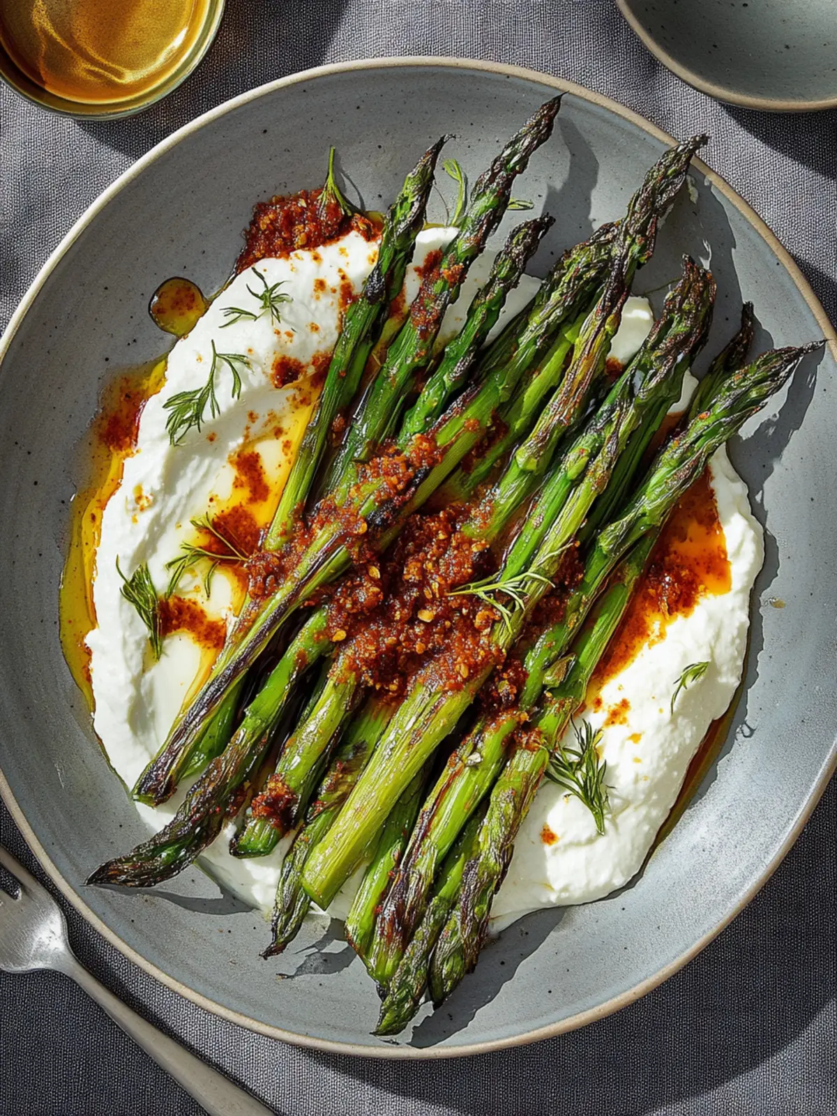 Blisterte Spargel mit Labneh und Harissa