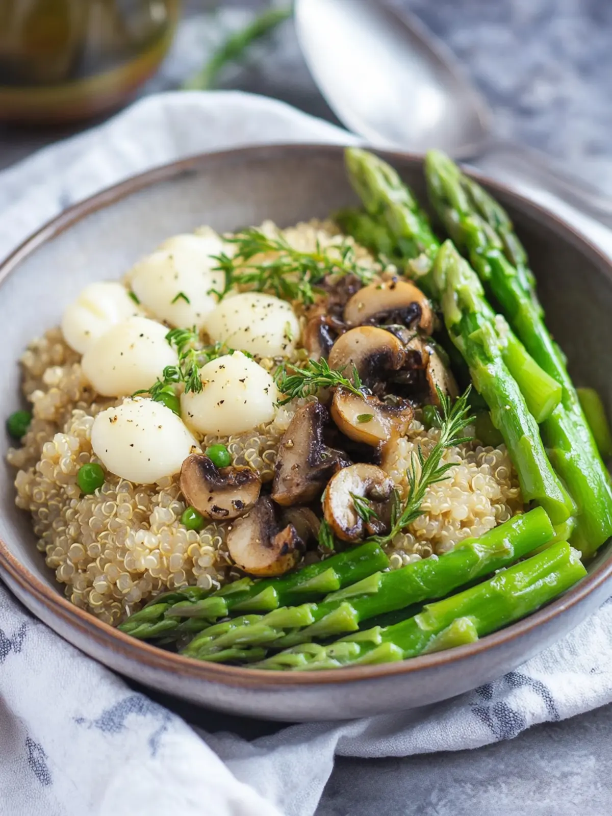 Quinoa-Schüssel mit Spargel und Pilzen